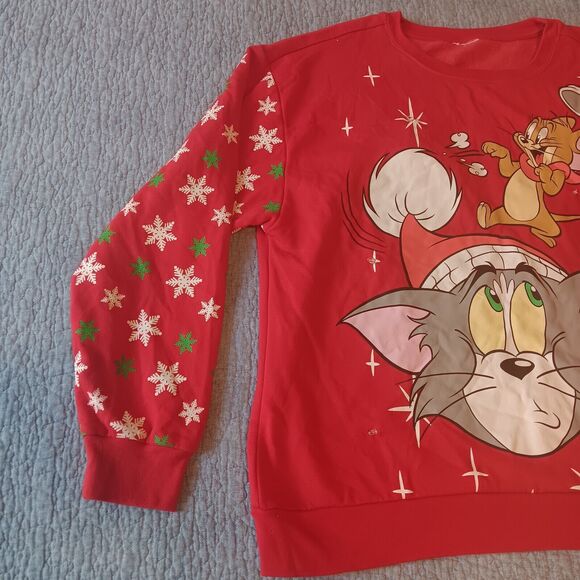 Tom and Jerry Light up Ugly Christmas pullover Sweater Red Graphic Print M/L - Picture 4 of 9